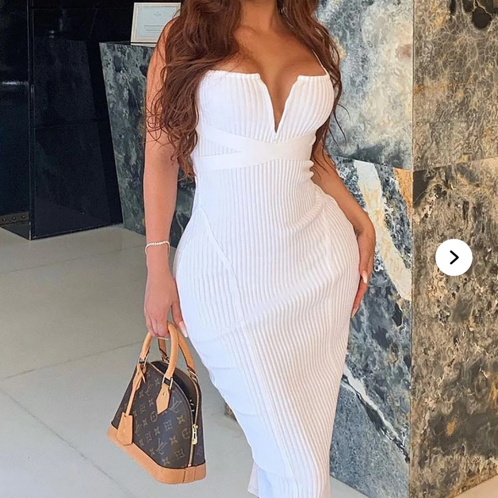 Fashion Nova White Ribbed Bodycon Dress Plunge Neckline